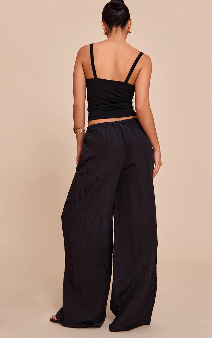 Noir Pantalon Taille Basse En Satin Froissé Avec Cordon De Serrage