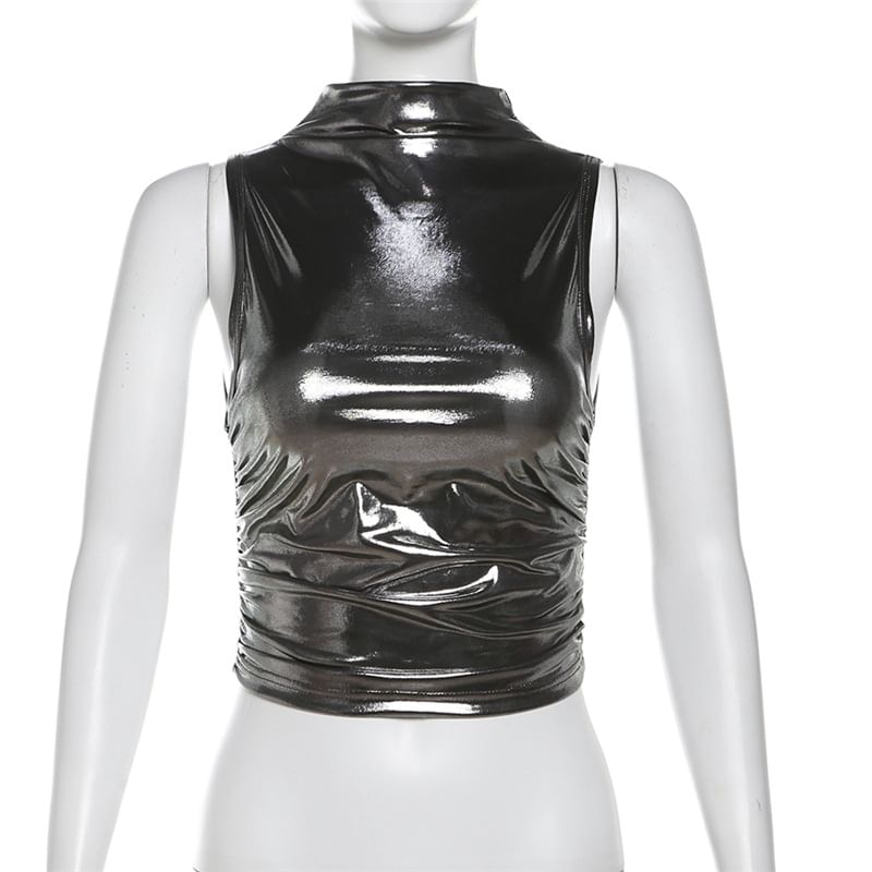HERMITAKH - Slim fit crop top van imitatieleer met metallic ruches en opstaande kraag