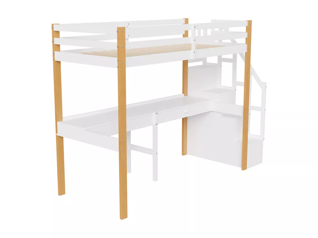 it superposé 90 x 200,lit mezzanine avec bureau,lit enfant avec escalier de rangement, garde-corps de sécurité,Blanc