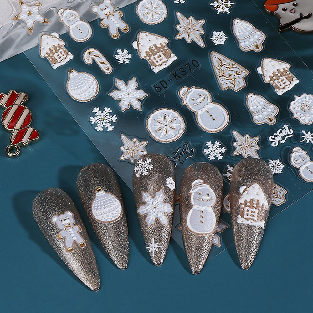 (54-tlg. Set) 5D Nagel Sticker Nail Art Tattoo Selbstklebende Aufkleber Weihnachten - Gold / Weiss