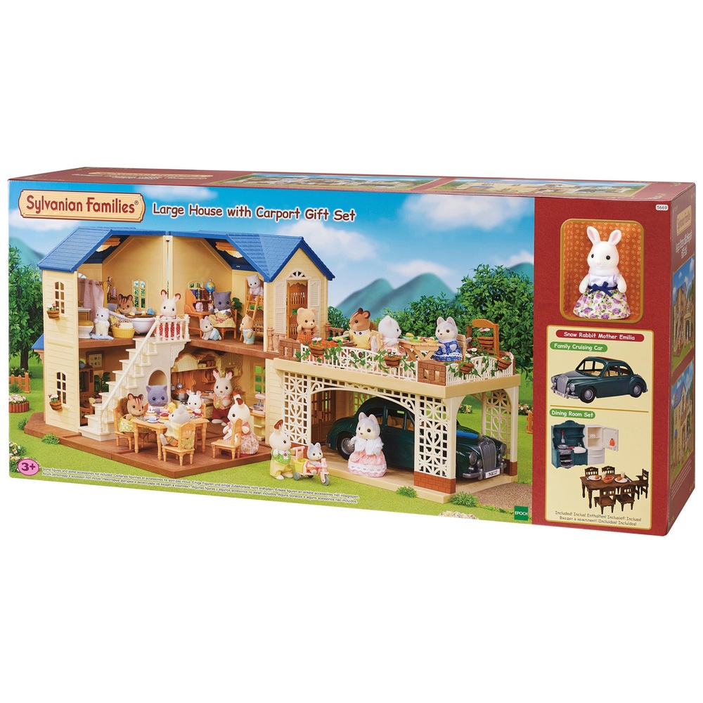 Sylvanian Families Großes Haus mit Carport-Set inklusive Fahrzeug, Möbeln und Schneehasenmutter