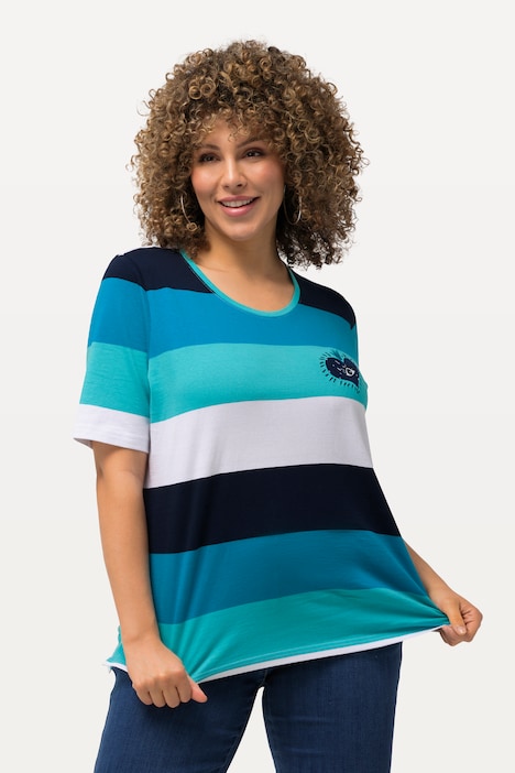 T-Shirt, Ringel, Stickerei, Rundhals, Halbarm