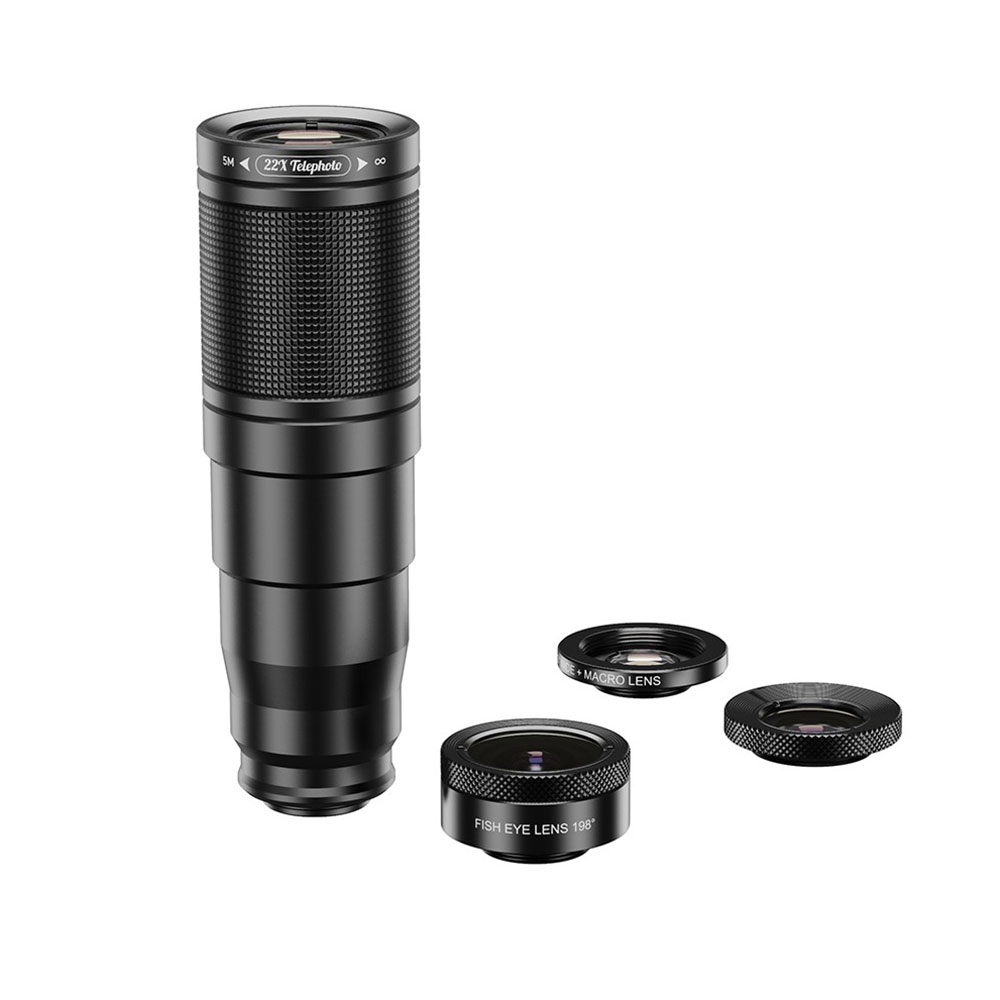 4in1 Smartphone Alu Kamera Teleskop Objektiv Televorsatz mit 22-facher Vergrösserung / 205° Fisheye / 25x Macro / 120° Weitwinkel   Stativ