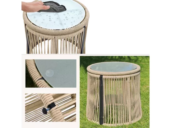 Salon de jardin 4 places - Canapé d'angle de jardin en Acier et Corde tressée - avec une table basse - Beige