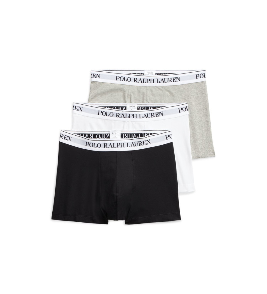 Conjunto com 3 cuecas boxer clássicas Ralph Lauren - pretas, cinzas e brancas.
