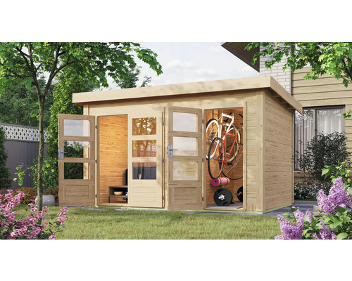 Karibu Graubünden 1 tuinhuis met berging, 398 x 273 cm, natuurlijke afwerking