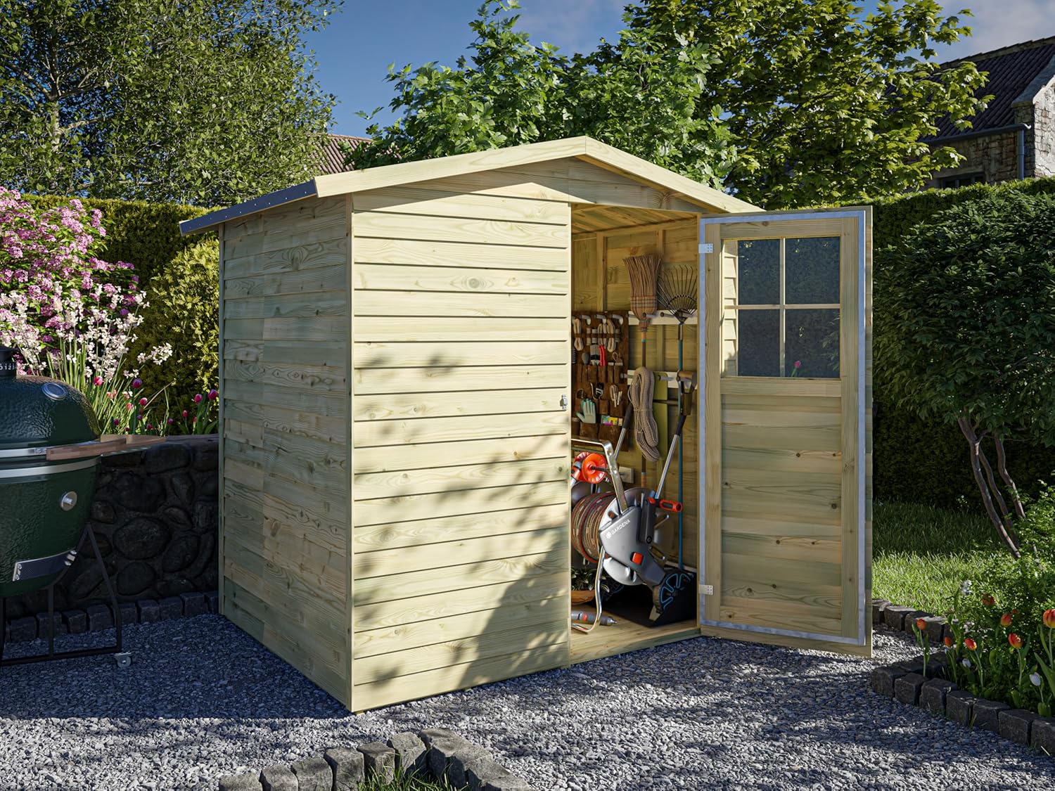 Gerätehaus Dortmund 1 | Gartenhaus | Wandstärke 9 mm | Kesseldruckimprägniert | BxTxH: 180 x 145 x 210 cm | Einzeltür mit Lichtausschnitt | Inkl. Dachpappe + Beschläge