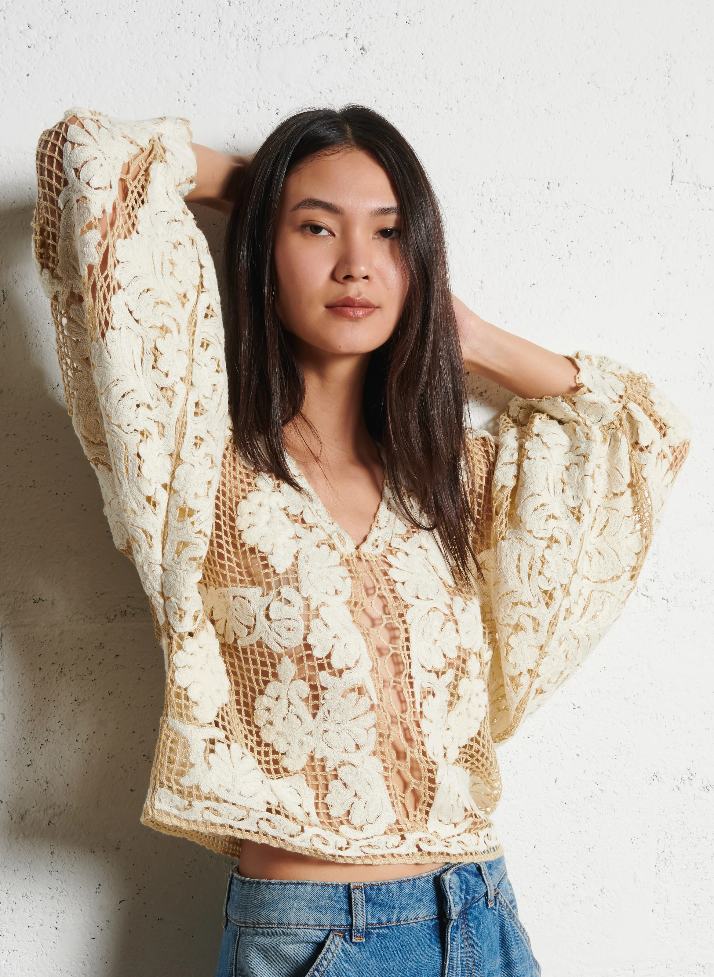 DREAMI - Pull ample brodé en crochet| Beige