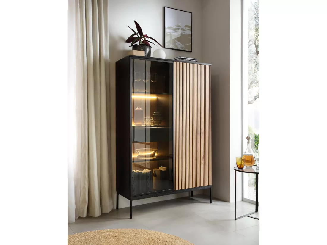 Vitrine haute - 2 portes avec tiroir et éclairage LED - Noir/Chêne Wotan - TOSENA