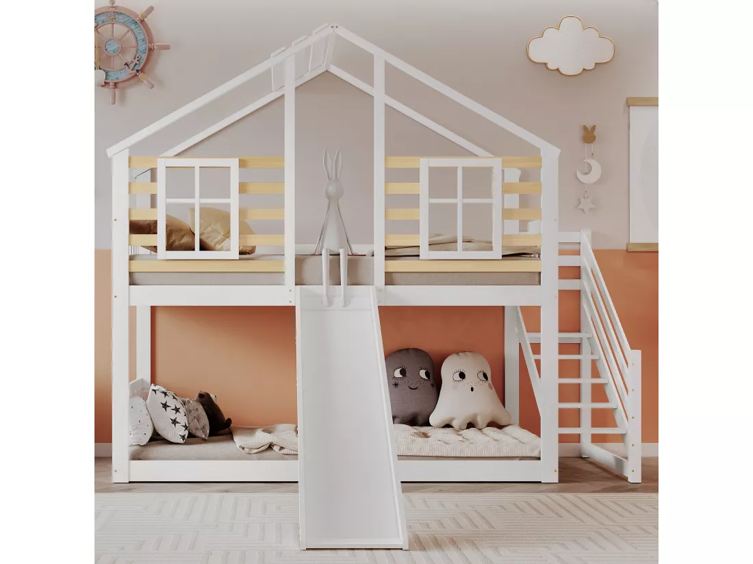 Lits Superposés En Bois - 90 X 200 cm - Avec Escalier - Toboggan Et Fenêtre - Protection Antichute - Blanc