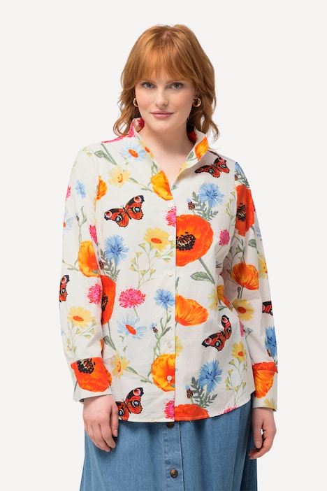 Bluse, Blüten, Schmetterlinge, Kelchkragen, Langarm