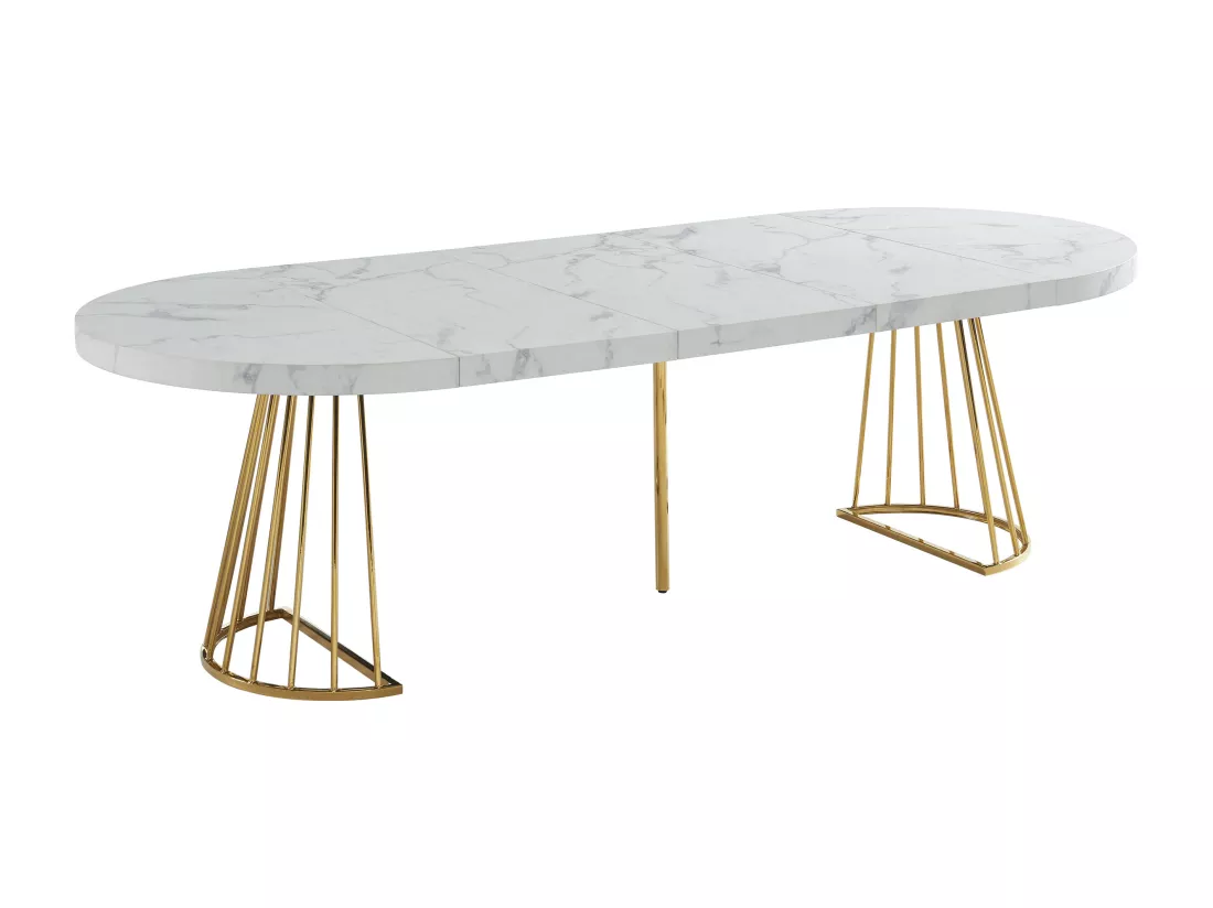 Table à manger extensible 2 à 12 personnes en MDF et acier - Effet marbre blanc et doré - FIRELA