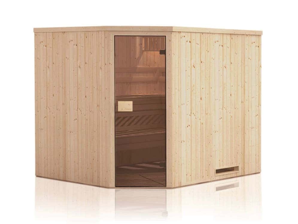 FinnTherm Hoeksauna voor Binnen, 1 Houten Bank, Saunacabine met 40 mm Wanddikte, Stoomsauna met Montagemateriaal, Natuurlijke Afwerking, 1,4 x 1,4 m
