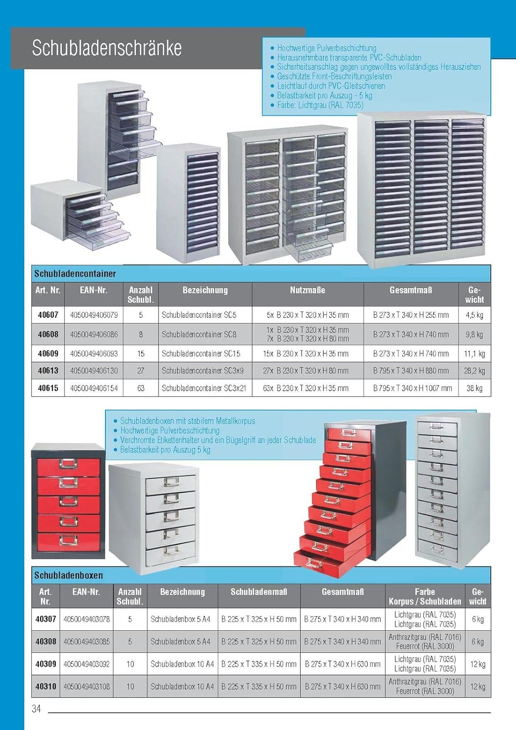ADB Metall Schubladencontainer - 15 PVC Schubladen, herausnehmbar, Sicherheits-Anschläge, pulverbeschichtet RAL 7035, 745x280x350 mm, für Büro und Werkstatt