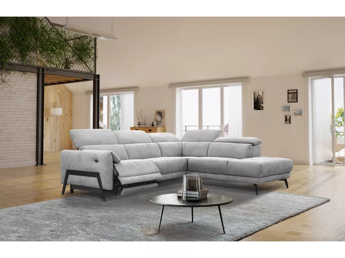 Canapé d'angle 5 places avec un relax électrique tissu gris - SCALA