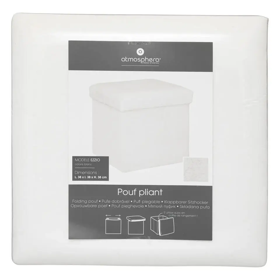 Atmosphera Poef/hocker - opbergbox - wit - PU/MDF - 38 x 38 cm