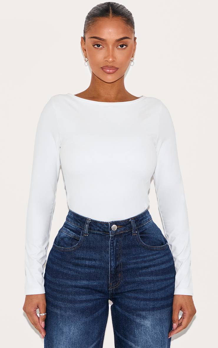 Blanc T-shirt Manches Longues Sculptant Col Bateau Avec Soutien-gorge Intégré Shape
