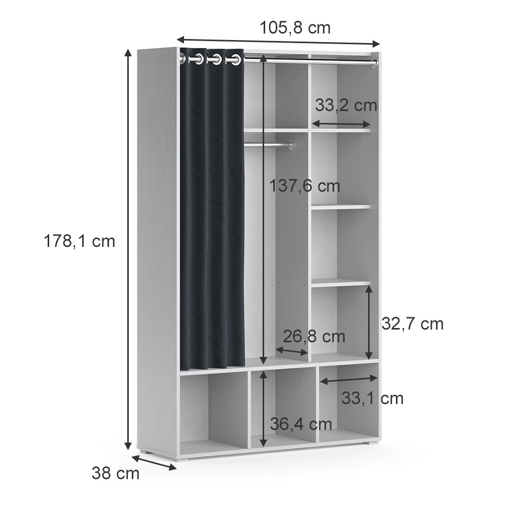 Vicco Kinderkleiderschrank Kinderzimmerschrank Kindergarderobe Luigi Hellgrau 106 x 178 cm modern Schrankregal Jugendzimmerschrank Organizer Vorhang Kleiderstange Fächer Aufbewahrung Spielzeugablage