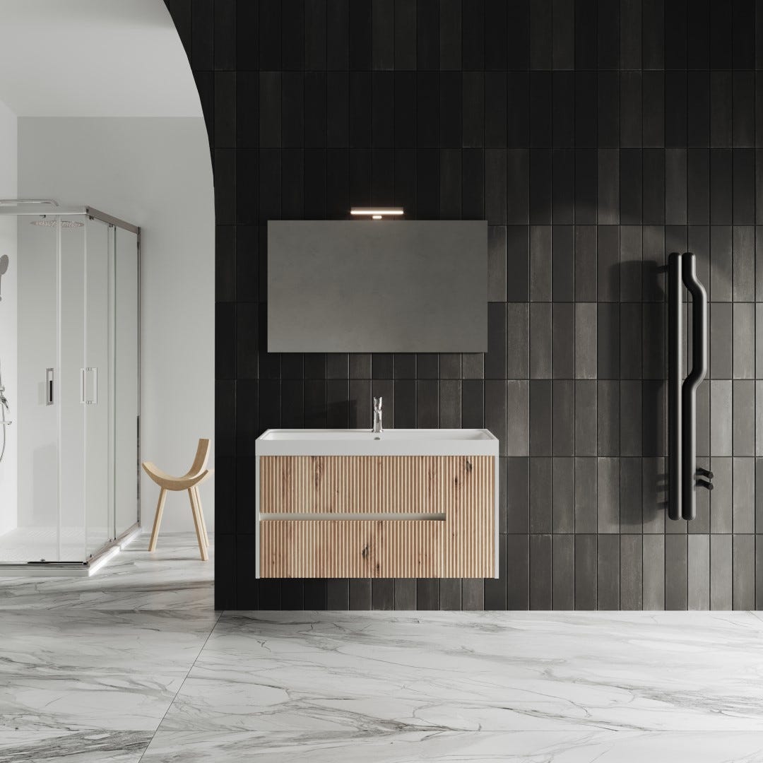100cm wastafelmeubel met wastafel en spiegel 100x60 - geribbeld | Cortina