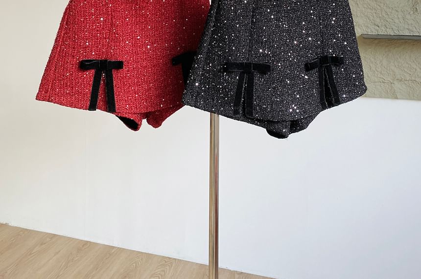 DIYI - Hoge taille glitter strik accent tweed shorts