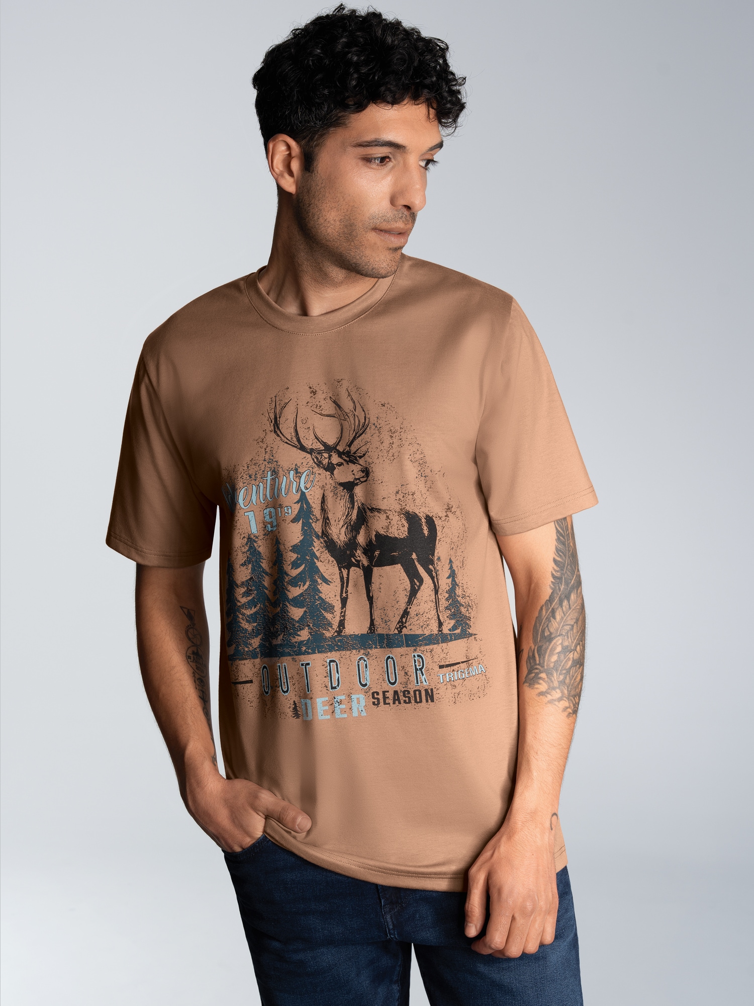 T-Shirt mit großem Hirsch-Printmotiv Haselnuss