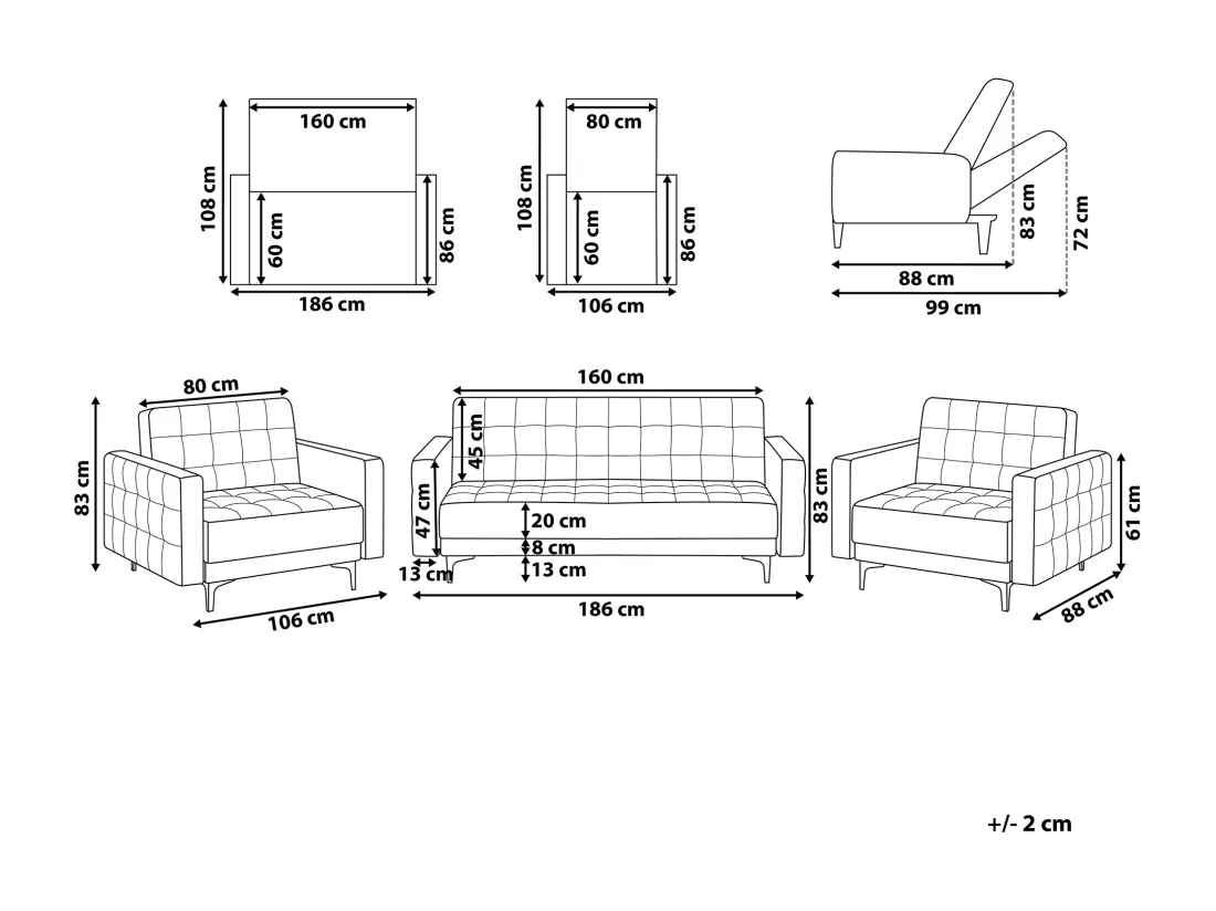 Ensemble canapé et fauteuils en tissu gris graphite 5 places ABERDEEN