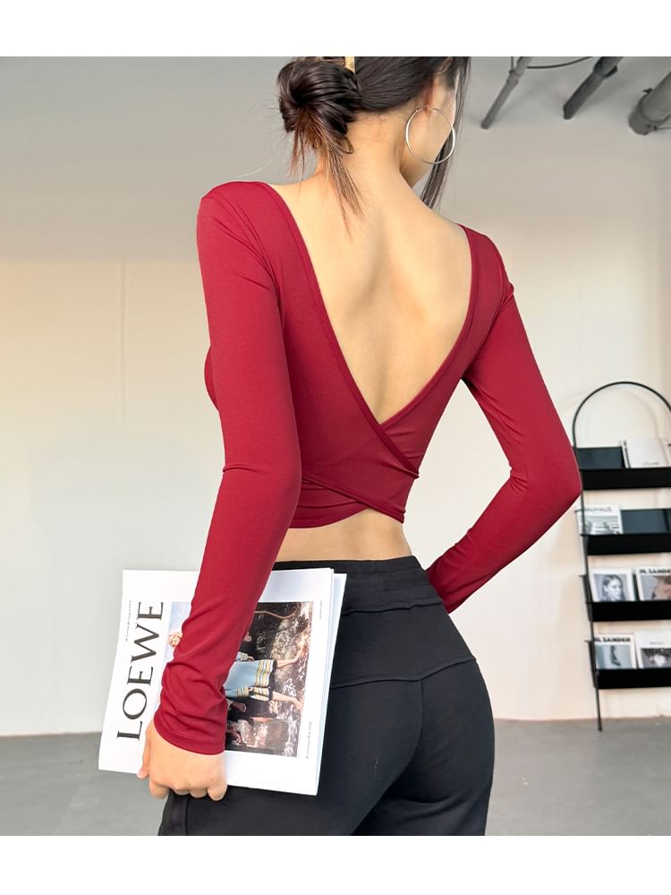 Faiar - Lange mouwen V-hals effen crop sporttop