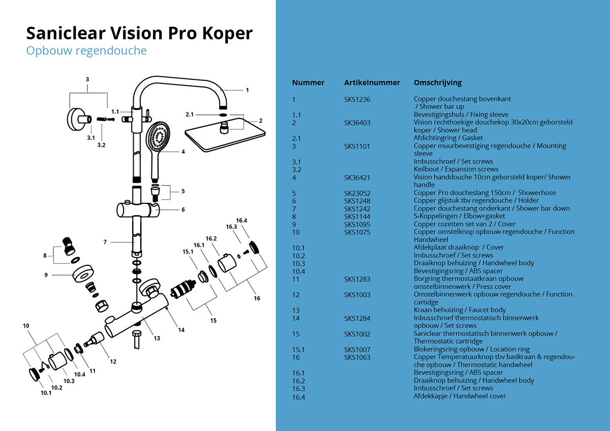 Saniclear Vision Pro opbouw regendouche met 20x30cm hoofddouche geborsteld koper