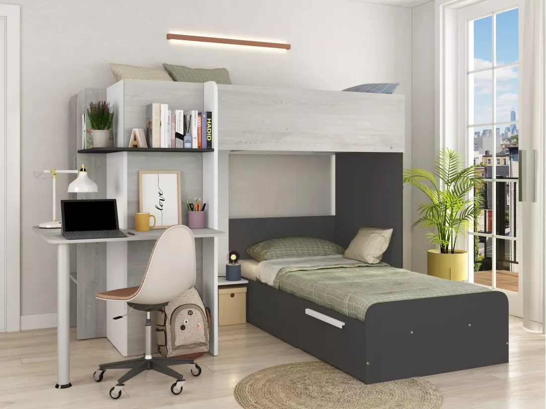 Lits superposés d'angle 2 x 90 x 190 cm - Avec bureau - Gris, blanc et noir + Matelas - SAMUEL