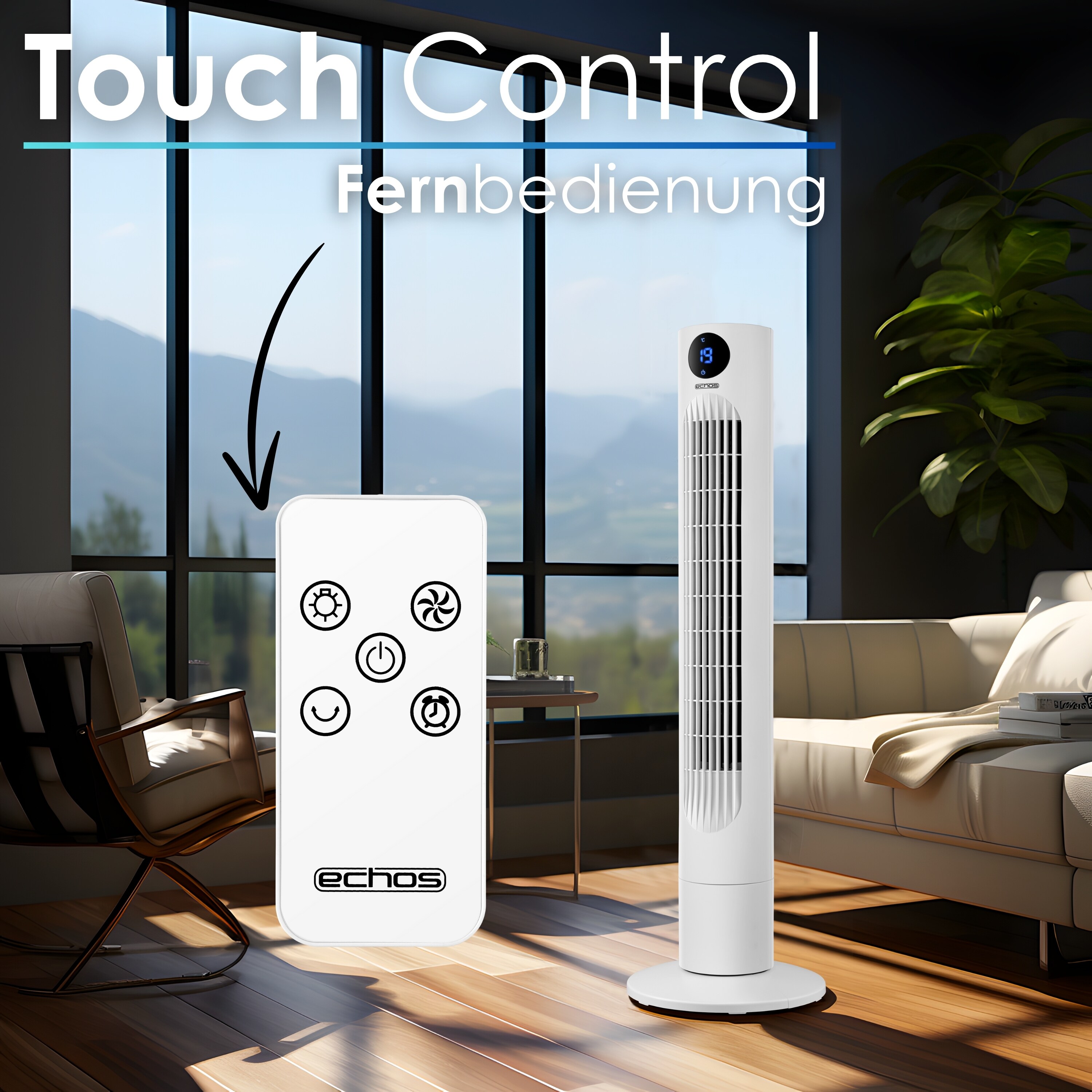 Echos Turmventilator m. Fernbedienung 3 Stufen Timer 60W LED-Anzeige