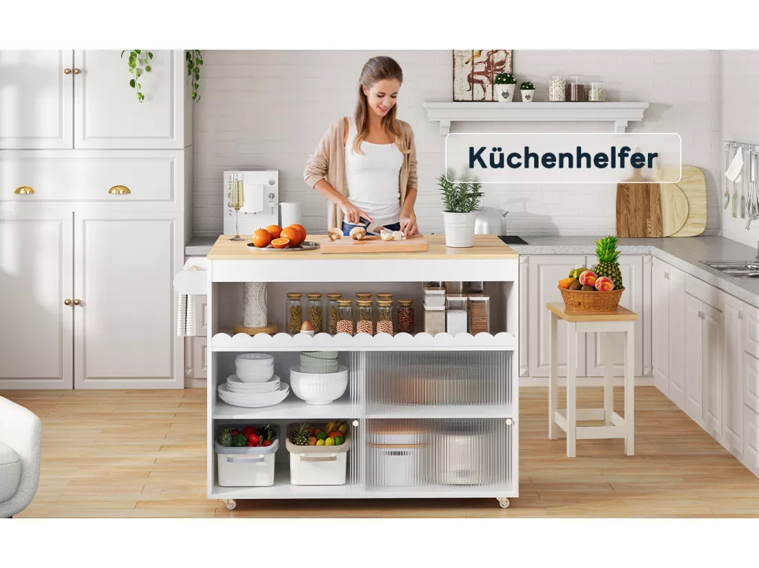 Ilot central de cuisine mobile avec 2 portes coulissantes - plateau extensible - 122x46/69x91 cm - Bois MDF - Blanc + naturel