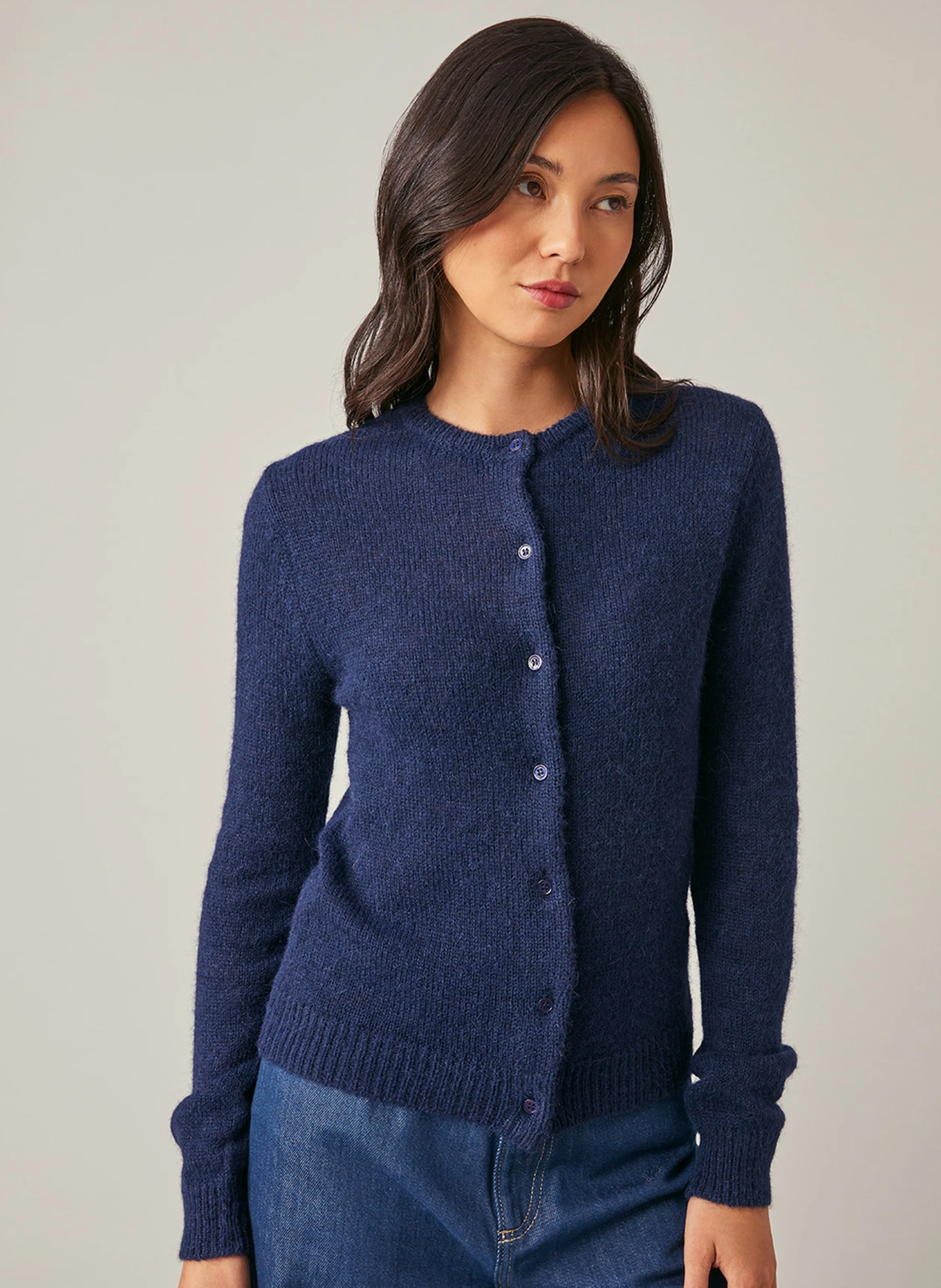 ERMIONE - Gilet droit col rond en alpaga mélangé | Bleu
