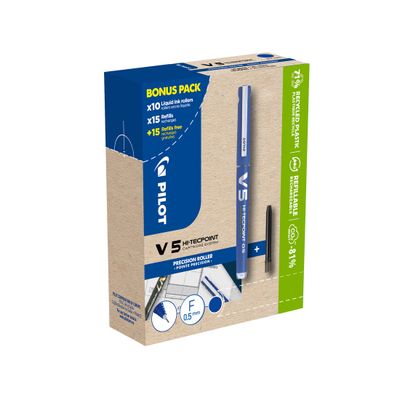 Pilot Hi-Tecpoint V5 - 10 Rollers bleu + 10 packs de recharges