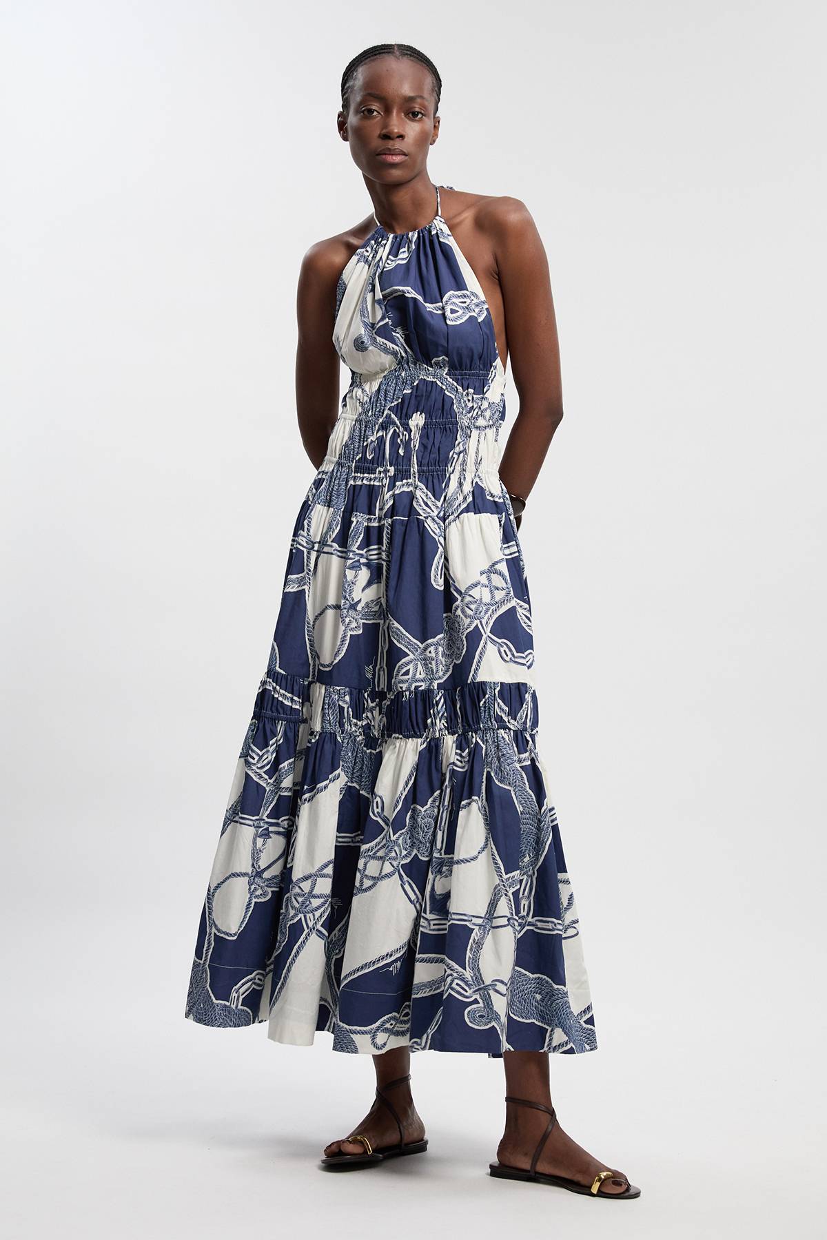 KarenMillen Robe Longue Tissée À Col Licou Imprimé Chaîne À Volants Étagés En Coton Froncé