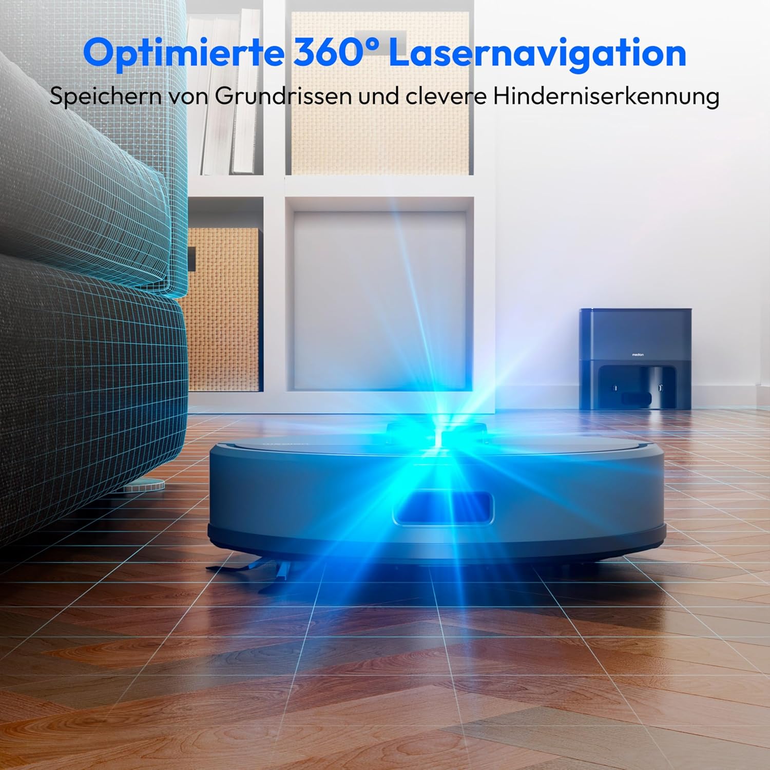 MEDION Saugroboter mit Absaugstation und Wischfunktion X22 SW+ (Lasernavigation, Starke 5000Pa Saugkraft, 2in1 Roboterstaubsauger, präzise Kartenerstellung, Go & No Go Bereiche, mehrere Etagen) blau