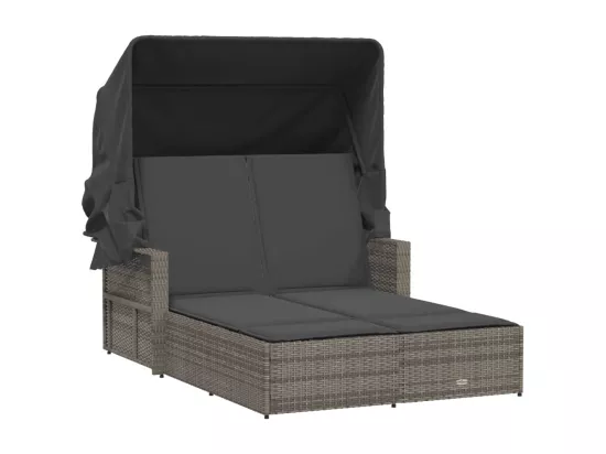 Chaise longue double et auvent et coussins gris résine tressée