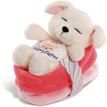 NICI Sleeping Puppies Hund creme, im rot rosanen Körbchen, 12cm