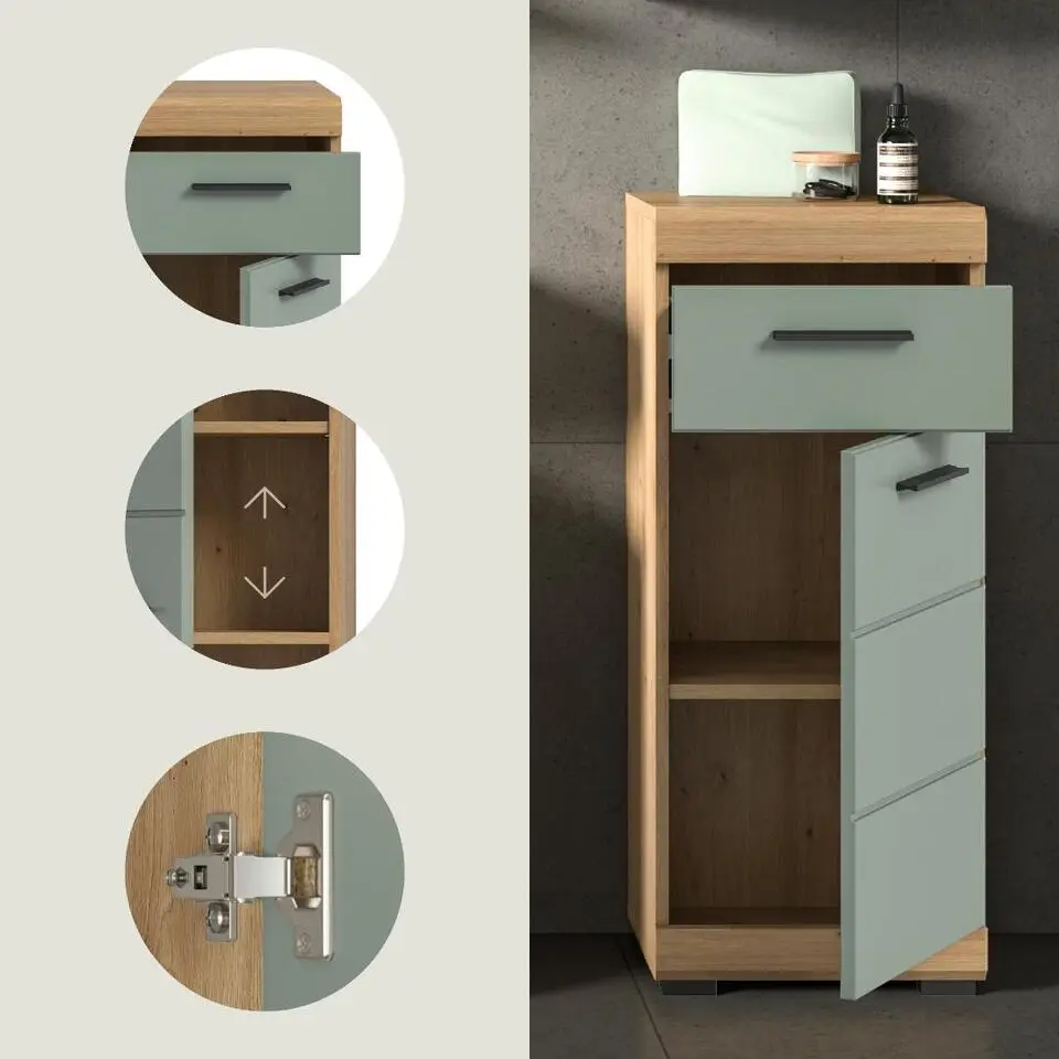 Hioshop Scout badkamerkast 1 deur- 1 lade salvie decor- eiken decor
