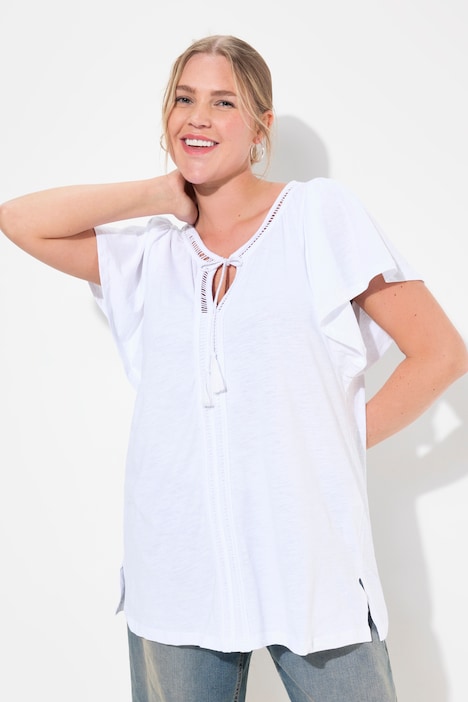 T-Shirt, Zierlitze, Tunika-Ausschnitt, Flügel-Halbarm