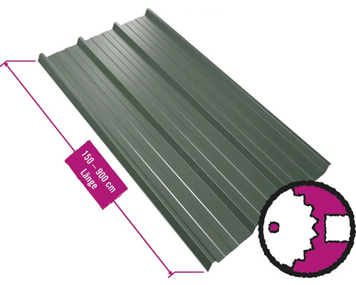 PRECIT trapeziumvormige dakbaan met anticondensvlies W45LV dennengroen RAL 6020, vaste breedte 1075 mm x dikte 0,5 mm (verkocht per meter van 150 tot max. 900 cm)