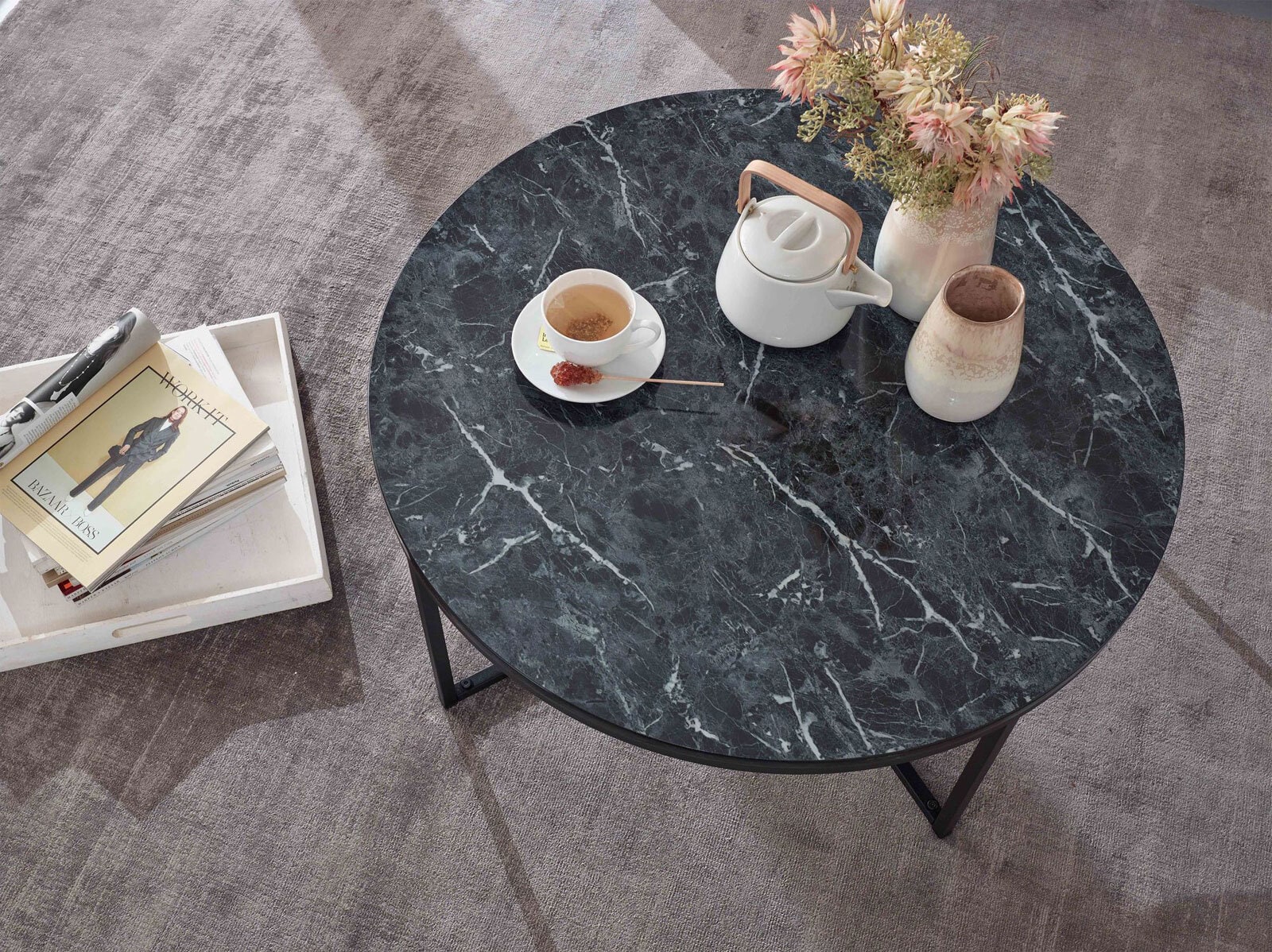Couchtisch rund 80 cm Schwarz/Marmor Optik Schwarz