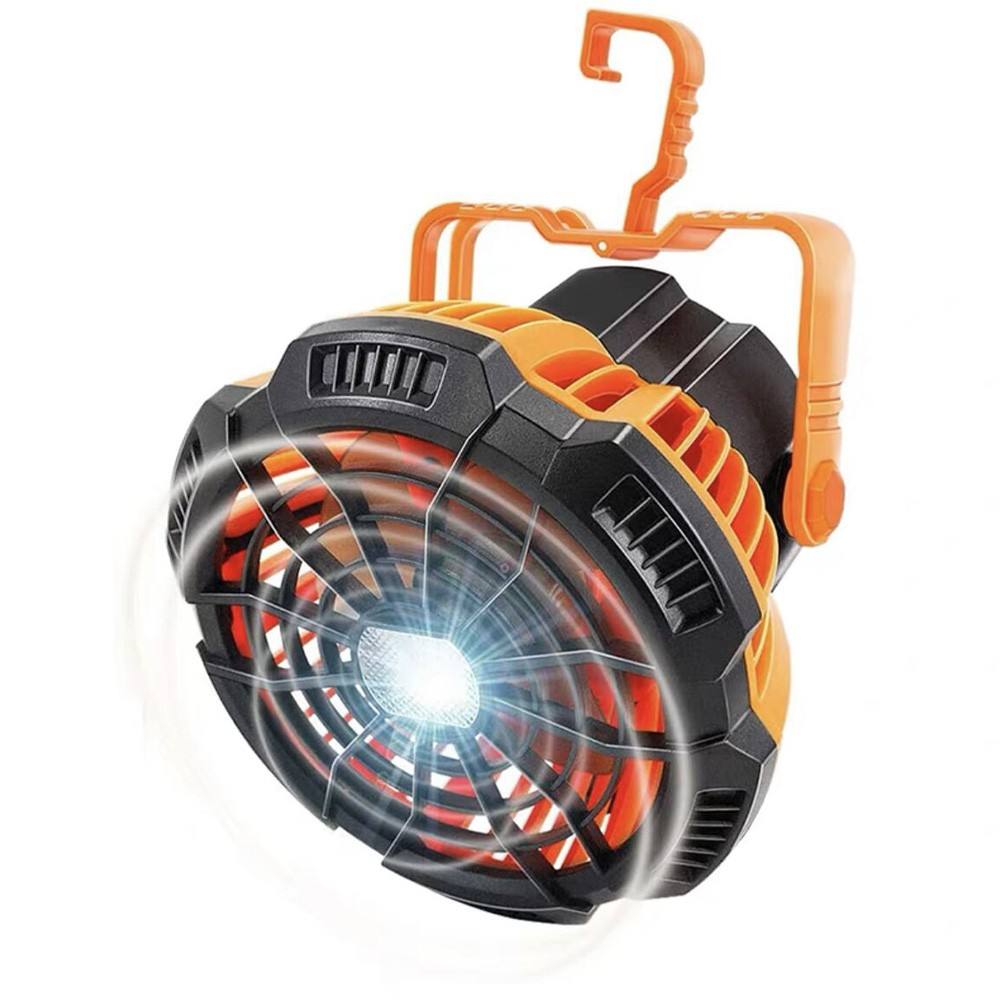 (Ø16cm) USB Outdoor Ventilator LED Camping Lüfter Wiederaufladbar 1200mAh mit Handschlaufe   Haken - Orange / Schwarz