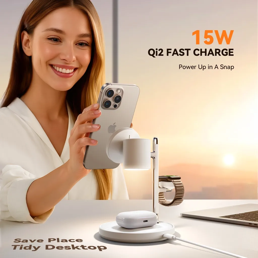 (15W) 4in1 Qi2 Wireless Charger Fast Charging Ladegerät Ladestation mit LED Beleuchtung Nachtlicht (JR-W23) - Weiss