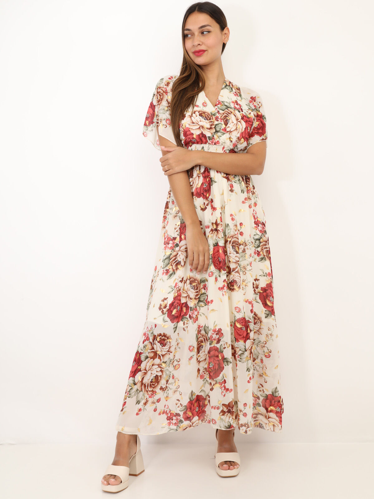 Robe longue cache cœur à fleurs- Beige