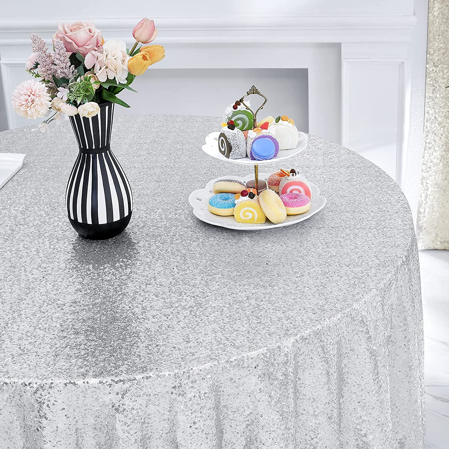 (Ø100cm) Glitzer Tischdecke Party Dekoration Pailletten Tisch Tuch - Silber