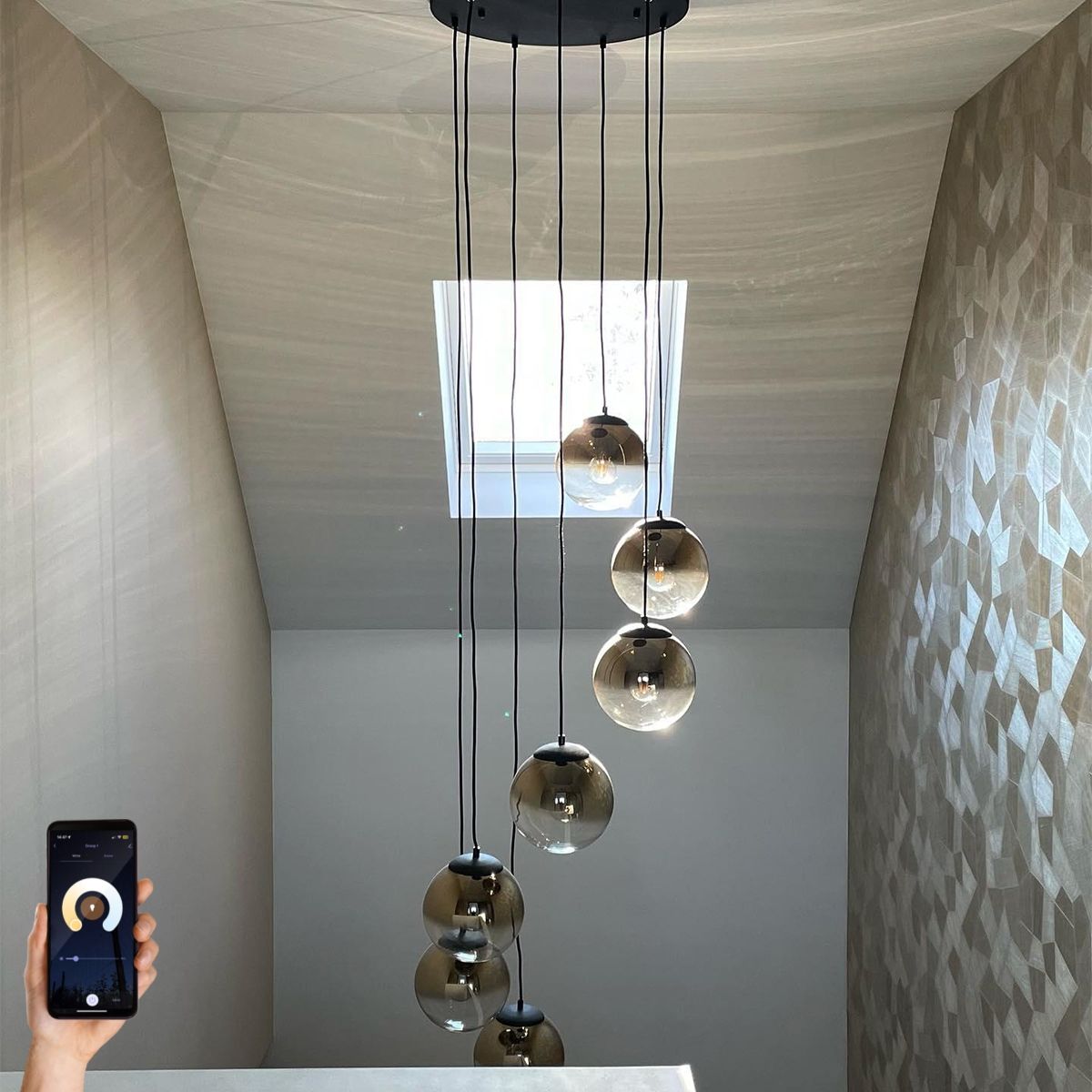 Smart hanglamp zwart met goud glas 7-lichts incl. 7 Wifi A60 - pallon