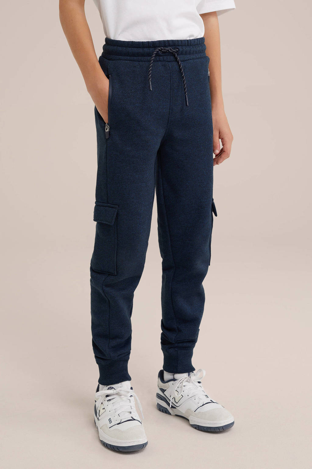 WE Fashion gemêleerde slim fit joggingbroek donkerblauw