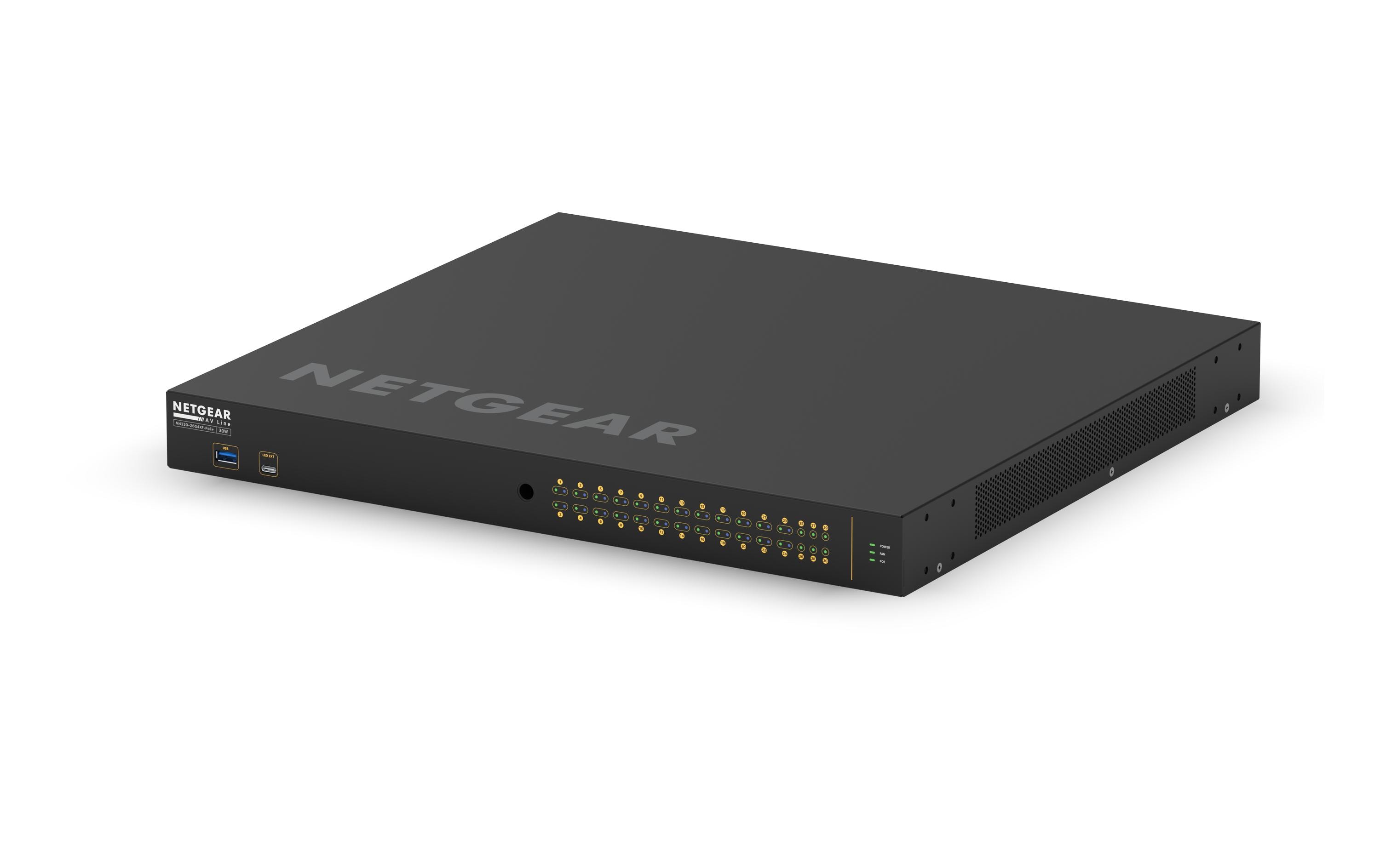 PoE+ Switch AV Line M4250-26G4XF-PoE+ 28 Port<br>NETGEAR AV Line M4250-26G4XF-PoE+ 24x1G PoE+ 480W 2x1G und 4xSFP+ Managed Switch (GSM4230PX)