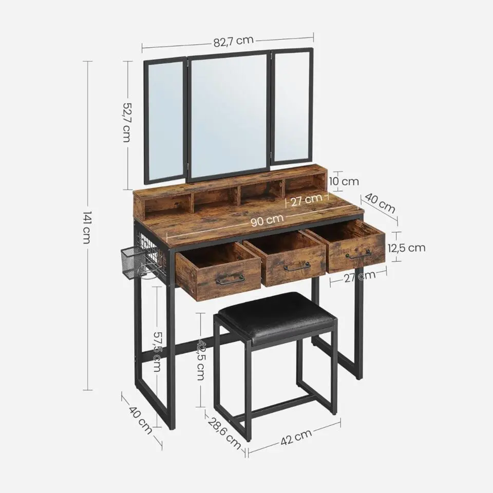 Parya Home Vintage Kaptafel met 3-delige met klapspiegel