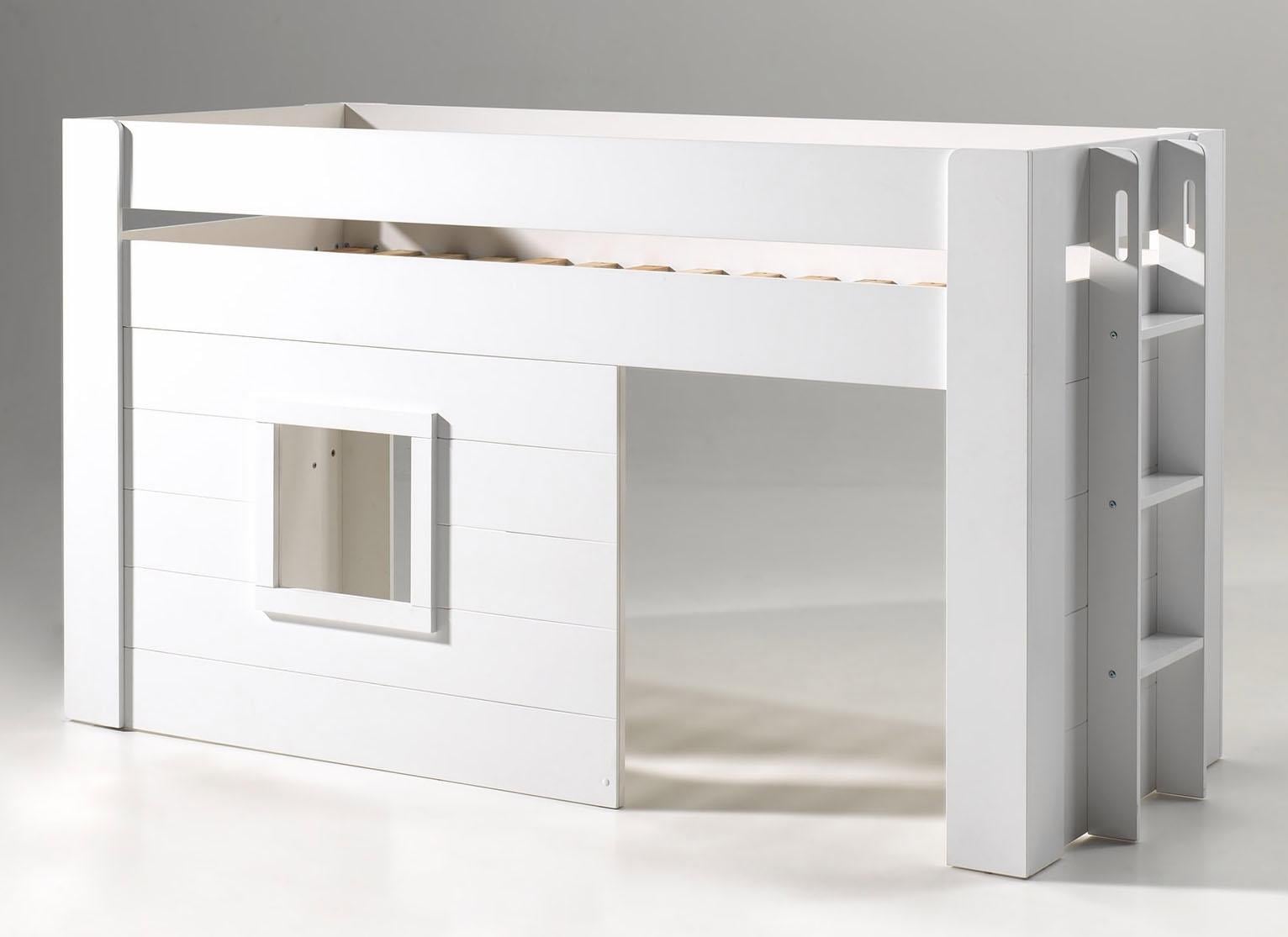 Vipack Hochbett »Noah, ein tolles Budenbett mit hoher Standfestigkeit, weiss lackiert« B/H/Tca.214x120x96cm, Leiter rechts/links möglich, Absturzschutz oben,  inkl. Rolllattenrost, wahlweise mit und ohne Textilvorhang